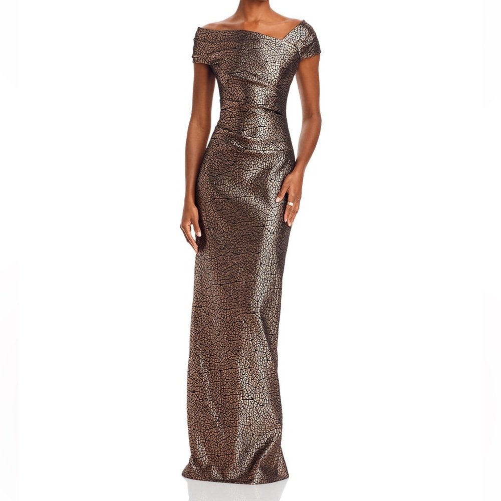 RICKIE FREEMAN FOR TERI JON
Cap-Sleeve Metallic Jacquard Column Gown